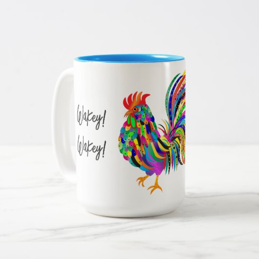 Wakey Wakey Bold Graphic Colorful Rooster Zweifarbige Tasse (Vorderseite Links)