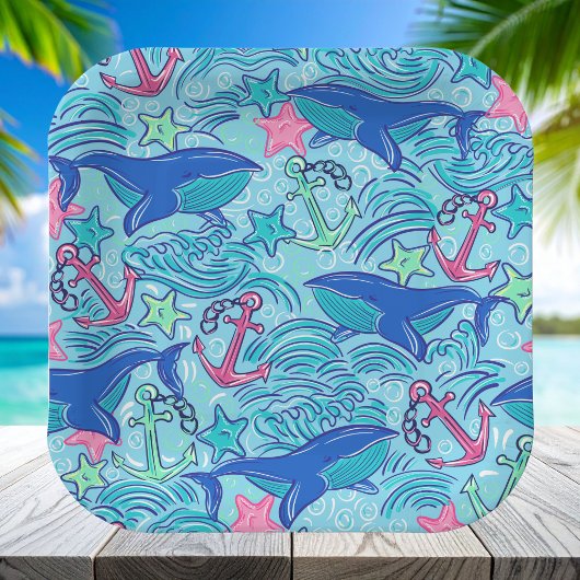 Wal-Anker-Seestern Küsten / Preppy-Nautik Pappteller