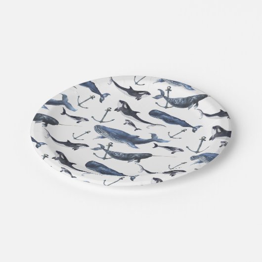 Wal- und Ankermuster Pappteller (Schrägansicht)