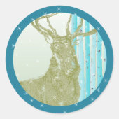 Wald Aquamarine Limone Buck Deer Birch Tree Schnee Runder Aufkleber (Vorderseite)