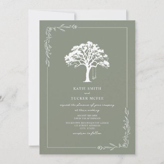 Wald Baum Schaukel Salbeigrüne Hochzeit  Einladung (Vorderseite)
