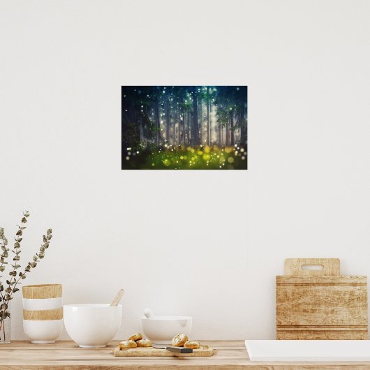 Wald, Bäume auf Waldlichtung, Dämmerung Poster (Küche)