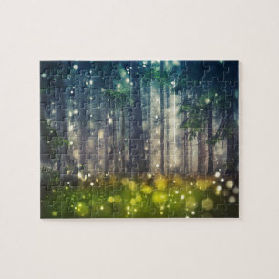 Wald, Bäume auf Waldlichtung, Dämmerung Puzzle