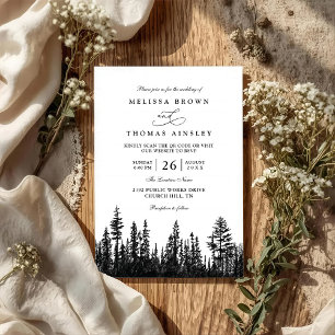 Wald Bäume Kiefer Rustikales Holz QR-Code Hochzeit Einladung