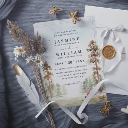 Wald Bäume Landschaft Rustikale Elegante Hochzeit Einladung