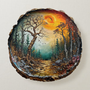 Wald Bäume Sonnenuntergang Rundes Kissen