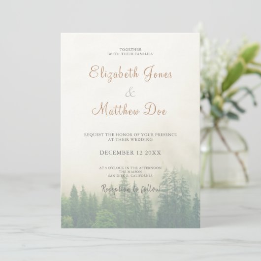 Wald/Bergkiefern Rustikale Hochzeit Einladung (Stehend Vorderseite)