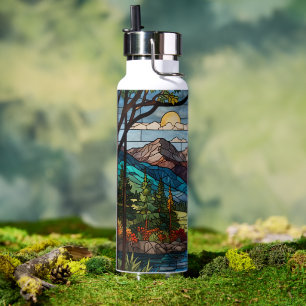 Wald-Bergszene im Vintage-Glasmalerei-Stil Trinkflasche