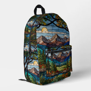 Wald-Bergszene im Vintage-Glasmalstil Bedruckter Rucksack