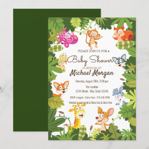 Wald, Blätter, Waldtiere Baby Shower Einladung