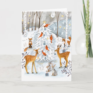 Wald blau & weiß Baum und Tiere Wald Feiertagskarte