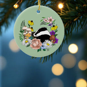Wald Dachsbär Wildblumen Pilze Salbeigrün Keramik Ornament