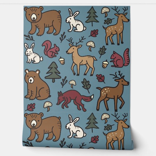 Wald Doodle Tiere Creme Tapete (Abrollen)