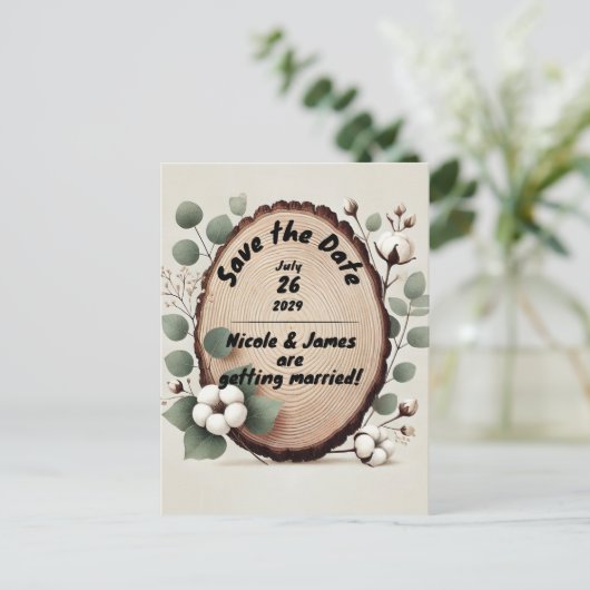 Wald Eukalyptus Baumwolle Rustikal Save the Date Ankündigungspostkarte (Stehend Vorderseite)