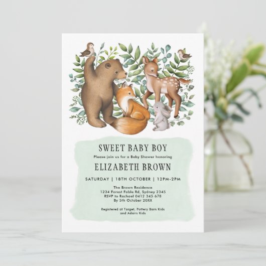 Wald Fable Woodland Animals Boy Baby Dusche Einladung (Stehend Vorderseite)
