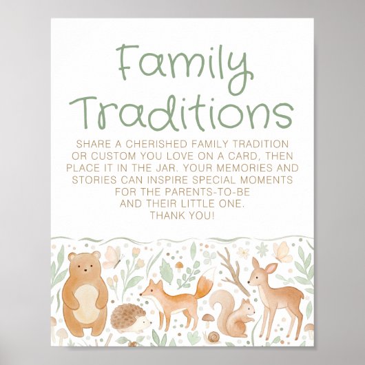 Wald-Familientraditionen Baby Shower Schild (Vorne)