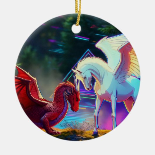 Wald Freunde - Junger Drache und Junger Pegasus Keramik Ornament (Vorne)