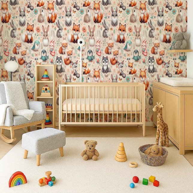 Wald Fuchs Hase Aquarell Kinderzimmer Tapete (Woodland Fox Bunny Watercolor Nursery Wallpaper)