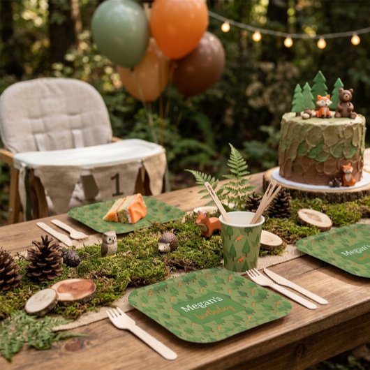 Wald Fuchs Waldgrün Personalisierter Geburtstag Pappteller