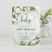 Wald Grünes Olivenblatt Weiße Rosen Oh Baby Einladung (Stehend Vorderseite)
