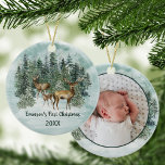 Wald Hirsche Erstes Weihnachtsfest Foto Keramik Ornament<br><div class="desc">Dieses Aquarellwald ist ein Winterweihnachtsgeschmack mit dem Namen und Geburtsjahr des Babys und einem Foto auf der Rückseite für einen unvergesslichen Urlaub. *Wenn Sie Designhilfe benötigen oder dieses Design auf anderen Produkten wünschen,  kontaktieren Sie mich bitte über Zazzle.</div>