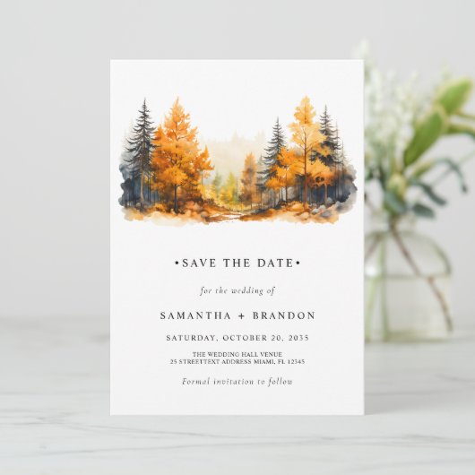 Wald in Herbstfarben minimalistisch Save The Date (Stehend Vorderseite)