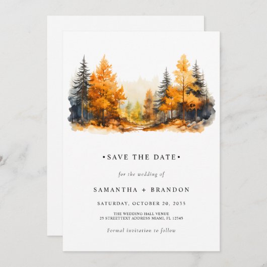 Wald in Herbstfarben minimalistisch Save The Date (Vorne/Hinten)