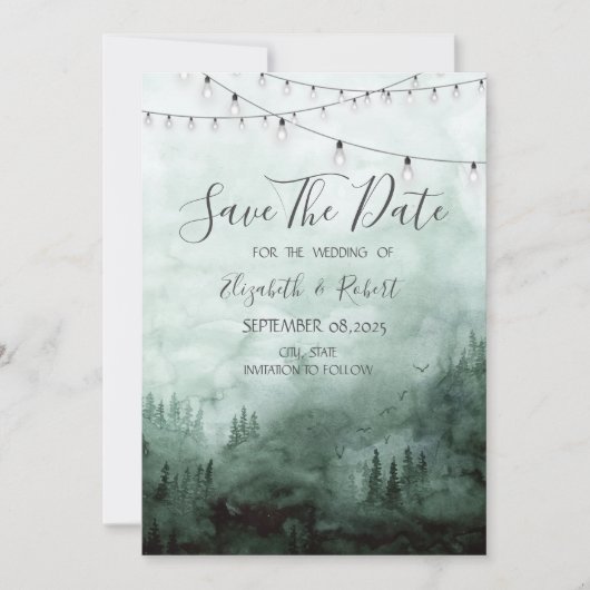 Wald, Kiefern, Lichterkette grün Save The Date (Vorderseite)