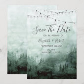Wald, Kiefern, Lichterkette grün Save The Date (Vorne/Hinten)