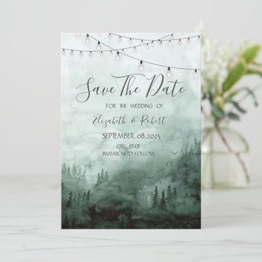Wald, Kiefernbäume, String Light Green Save the Da Save The Date (Stehend Vorderseite)