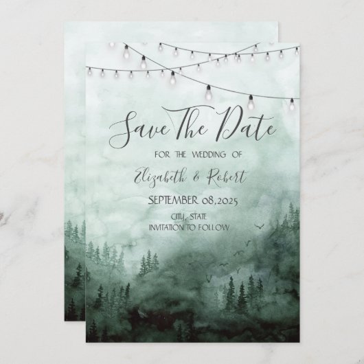 Wald, Kiefernbäume, String Light Green Save the Da Save The Date (Vorne/Hinten)