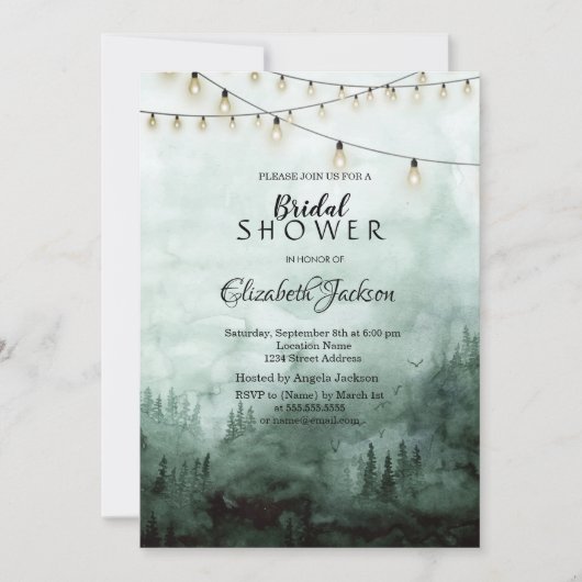 Wald, Kiefernbäume, String-Lights grün Einladung (Vorderseite)