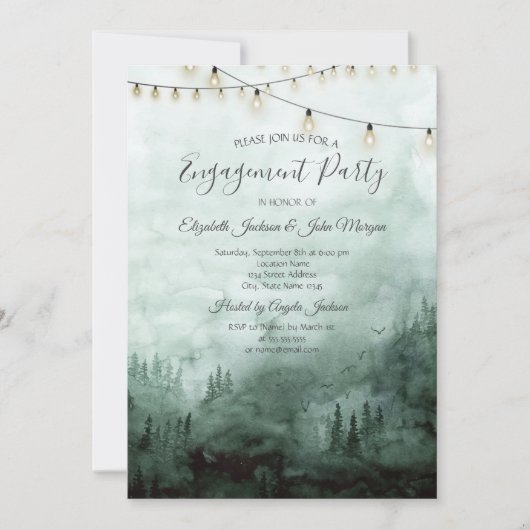 Wald, Kiefernbäume, String-Lights Grüne Verlobung Einladung (Vorderseite)