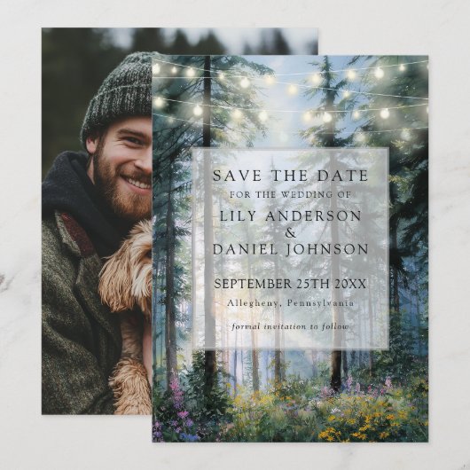 Wald-Lichterkette Blumen Rustikale Foto-Hochzeit Save The Date (Vorne/Hinten)