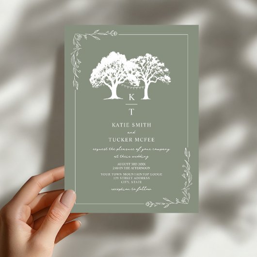 Wald-Lichterkette Monogramm Salbeigrün Hochzeit Einladung