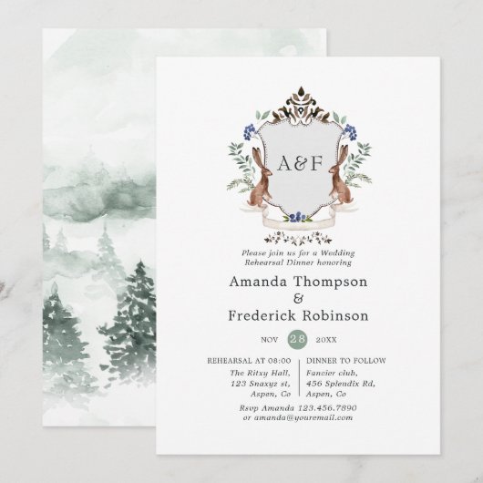 Wald-Lorbeer-Wappen-Monogramm-Probeessen Einladung (Vorne/Hinten)