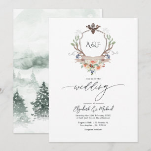 Wald-Lorbeer-Wappen-Monogramm-QR-Code-Hochzeit Einladung