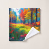 Wald mit farbenfrohen Bäumen und Blumen Badhandtuch Set (Waschlappen)