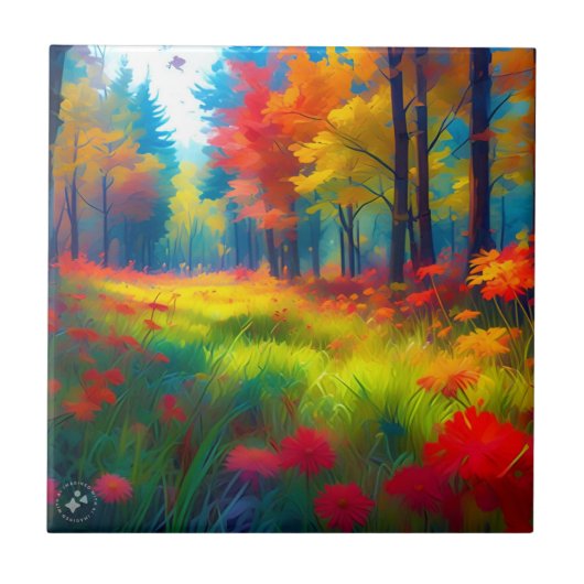 Wald mit farbenfrohen Bäumen und Blumen Fliese (Vorderseite)