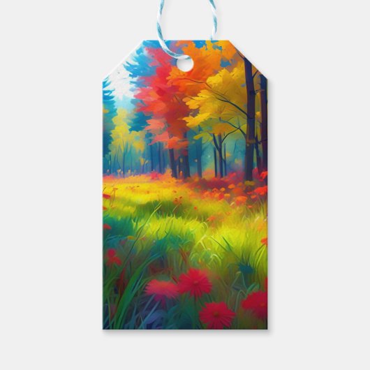 Wald mit farbenfrohen Bäumen und Blumen Geschenkanhänger (Vorderseite)