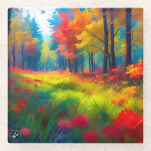 Wald mit farbenfrohen Bäumen und Blumen Glasuntersetzer