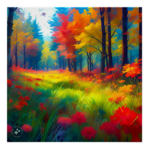 Wald mit farbenfrohen Bäumen und Blumen Poster