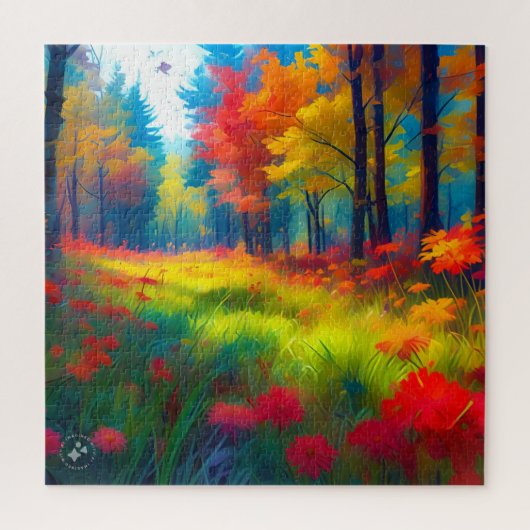 Wald mit farbenfrohen Bäumen und Blumen Puzzle (Vertikal)