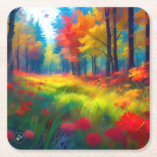 Wald mit farbenfrohen Bäumen und Blumen Rechteckiger Pappuntersetzer (Vorderseite)