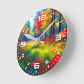 Wald mit farbenfrohen Bäumen und Blumen Runde Wanduhr (Winkel)