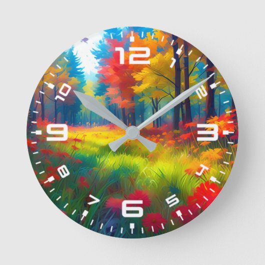Wald mit farbenfrohen Bäumen und Blumen Runde Wanduhr (Vorderseite)