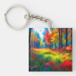 Wald mit farbenfrohen Bäumen und Blumen Schlüsselanhänger