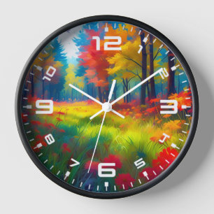 Wald mit farbenfrohen Bäumen und Blumen Uhr