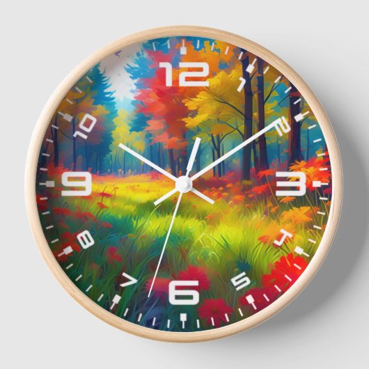 Wald mit farbenfrohen Bäumen und Blumen Uhr (Vorderseite)