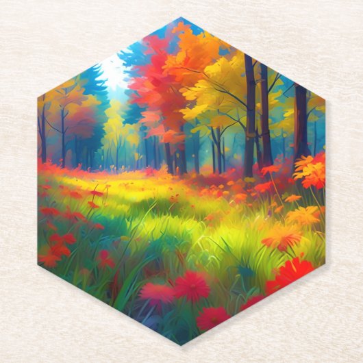 Wald mit farbenfrohen Bäumen und Blumen Untersetzer (Vorderseite)